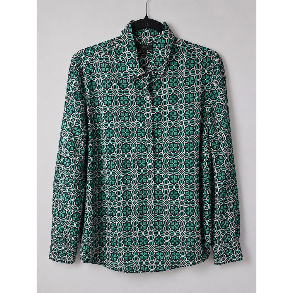 J.Crew Green Pink Geometric Tile Print Cotton Silk Button Down Blouse Shirt 8